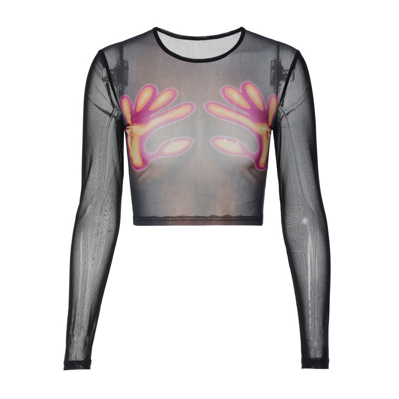 Hands Off Hands On Printed Round Neck Long Sleeve See-through Mesh T-shirt Top