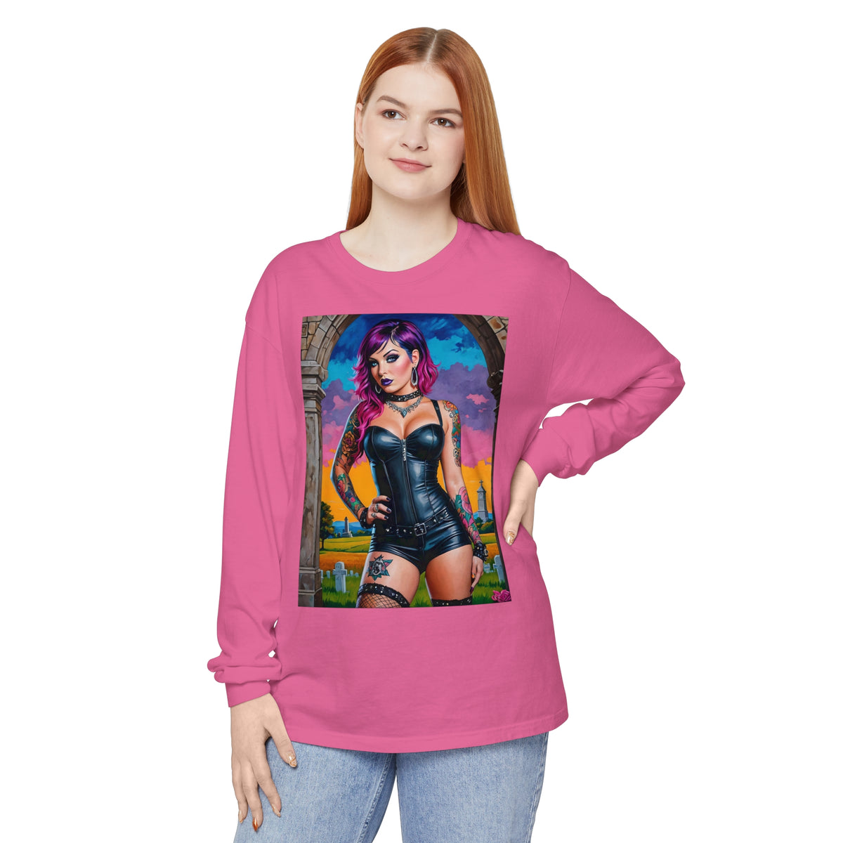 Goth Graveyard Girl Series - Design Three - Unisex Garment-dyed Long Sleeve T-Shirt