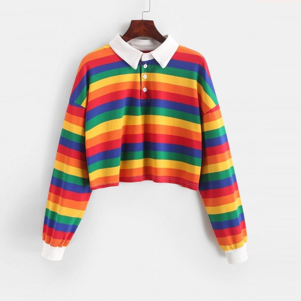 Rainbow Striped Lapel Collar Long Sleeve Sweater Primary and Pastel Color Options