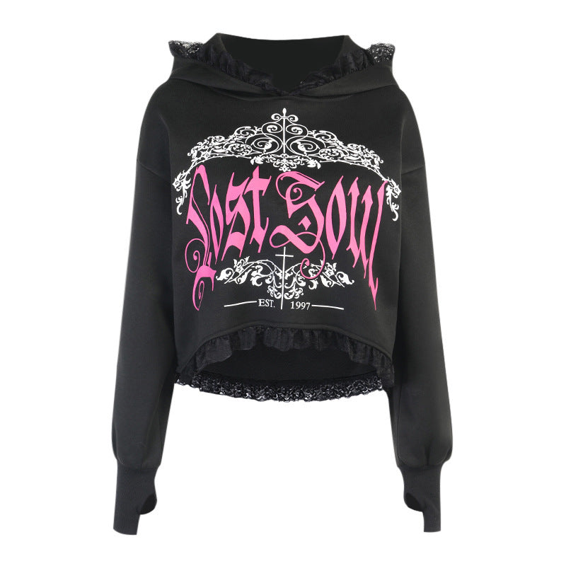 Women's Lost Soul Lace Trimmed Hooded Trendy Pastel Goth Printed Sweatshirt