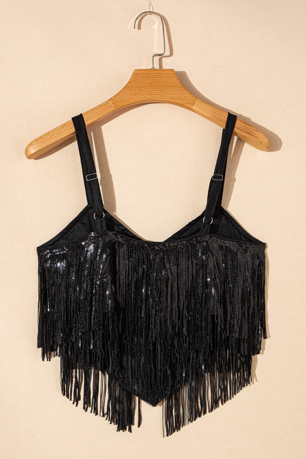 Black Sequin Tasseled Tank Crop Top