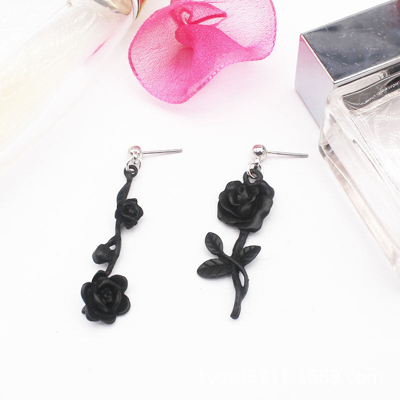 Dark Gothic Style Black Wild Rose Stud Earrings