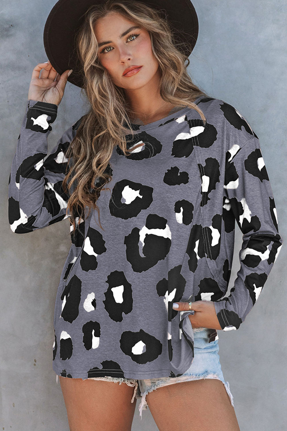 Grey Animal Print V Neck Casual Long Sleeve Shirt