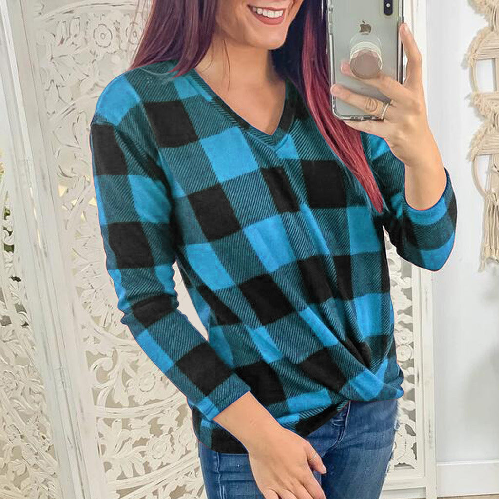 Knotted Bottom Long Sleeved Buffalo Plaid Checkered Blouses