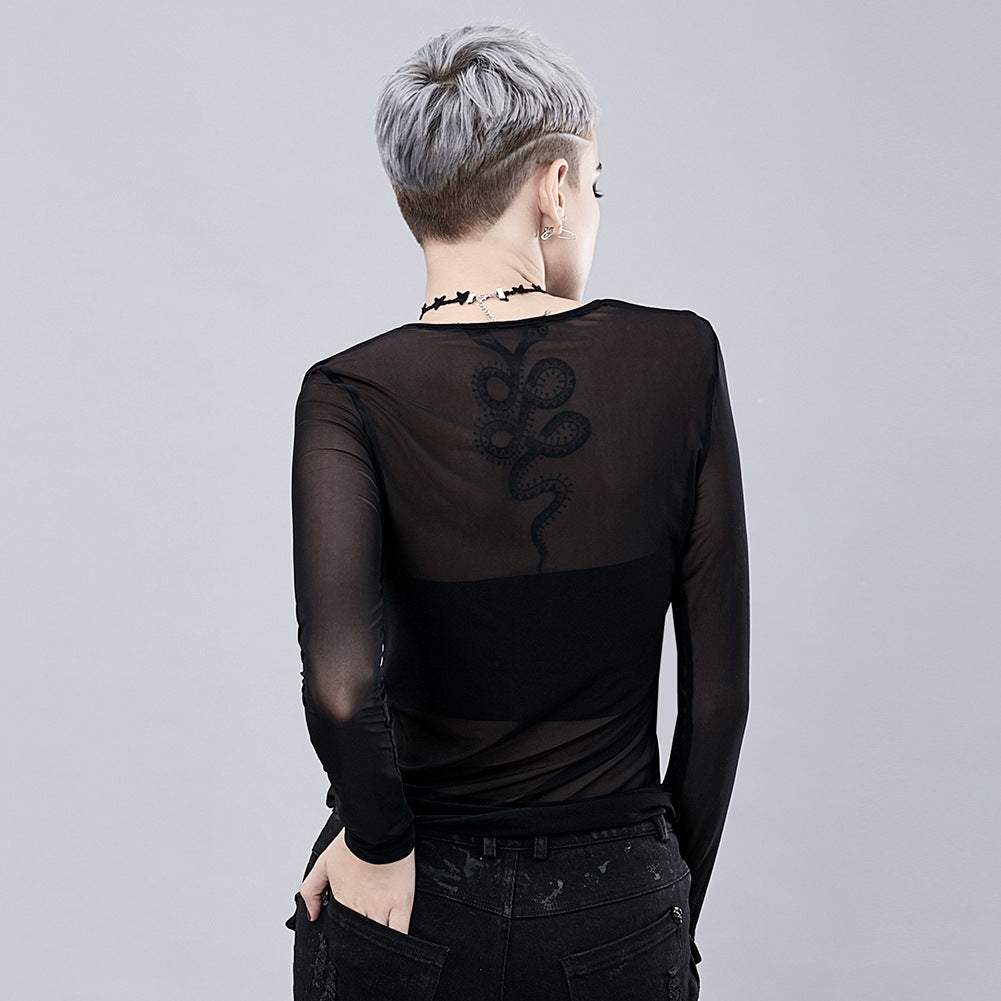 Punk See-through Mesh Hollow-out Breathable Inner Wear Solid Color Long Sleeve T-shirt