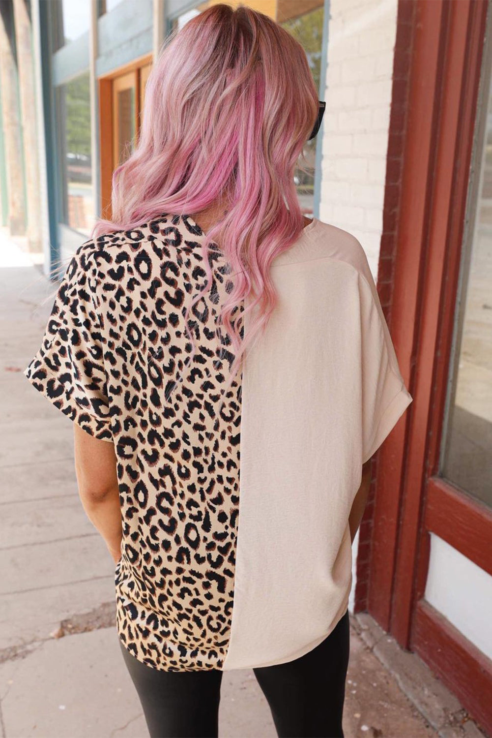 Rose Leopard Color Block Roll Tab Sleeve V Neck Top