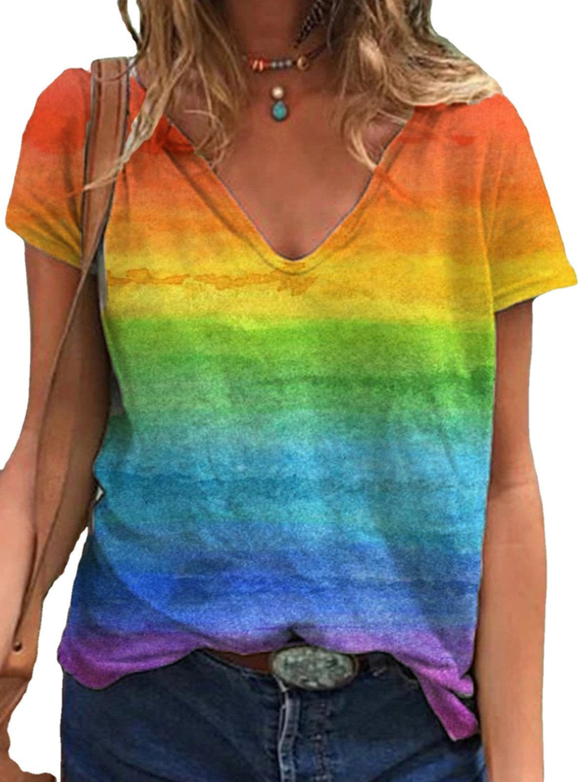 Rainbow Digital Print Casual Round Neck Short Sleeved Graphic Print Tee Shirt