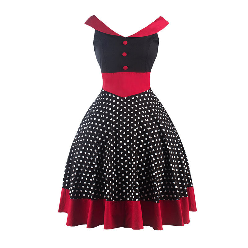 Hepburn Style Cap Sleeve Polka Dot Red Trim Dress