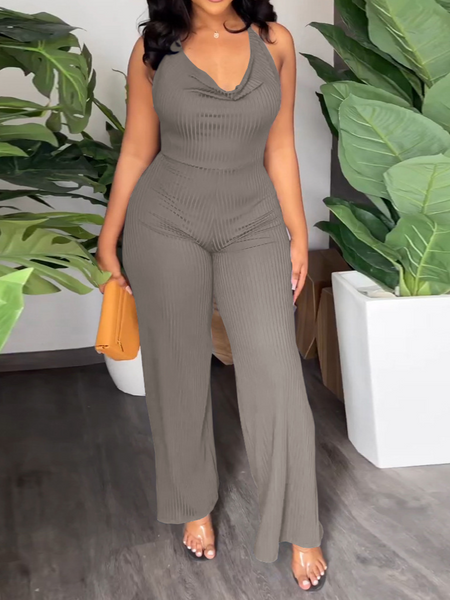 V-Pile Tie - Up Backless Casual Wide-Leg Jumpsuit
 HWUBKQ2MHQ