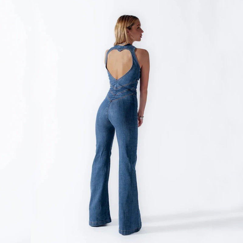 Summer Slim Heart-Shape Cutout Backless Denim Halter Neck Zip Up High Waist Panst Retro Style Jumpsuit