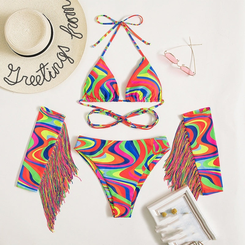 Sexy Candy Colored Tassel Bikini Set Bright Neon Colors Festival Fashion