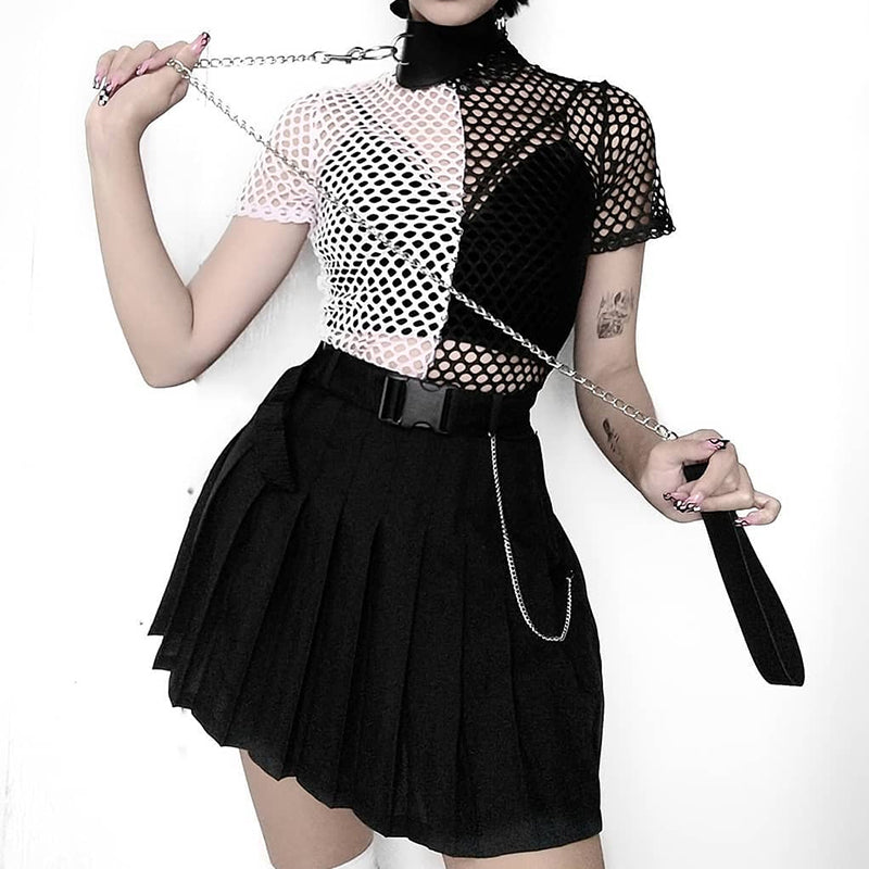 Black And White Color Block Mesh Round Neck Fishnet Sheer Split Color Top T-shirt