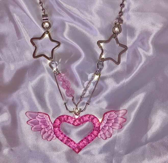 Pink Glitter Dual Pin and Pendant Necklace Harajuku Style