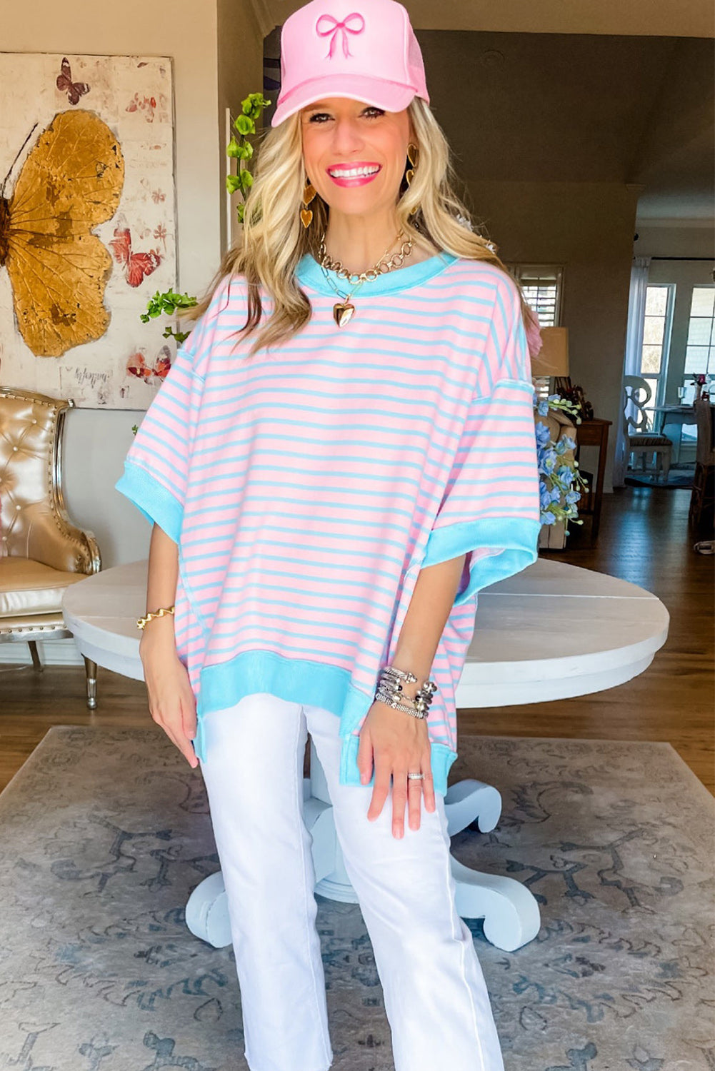 Pink Stripe Colorblock Drop Sleeve Loose Top