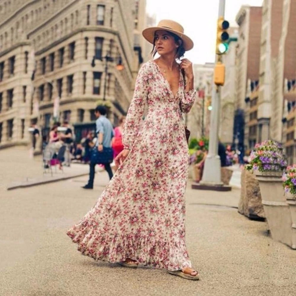 Ruffle Bottom Long Sleeve V Neck Printed Bohemian Maxi Dress