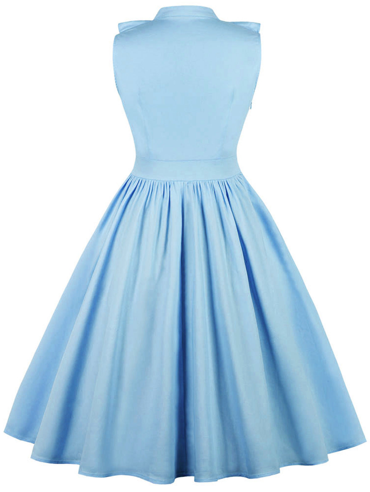 V Neck Ruffle Front Solid Colored Retro Swing Dress