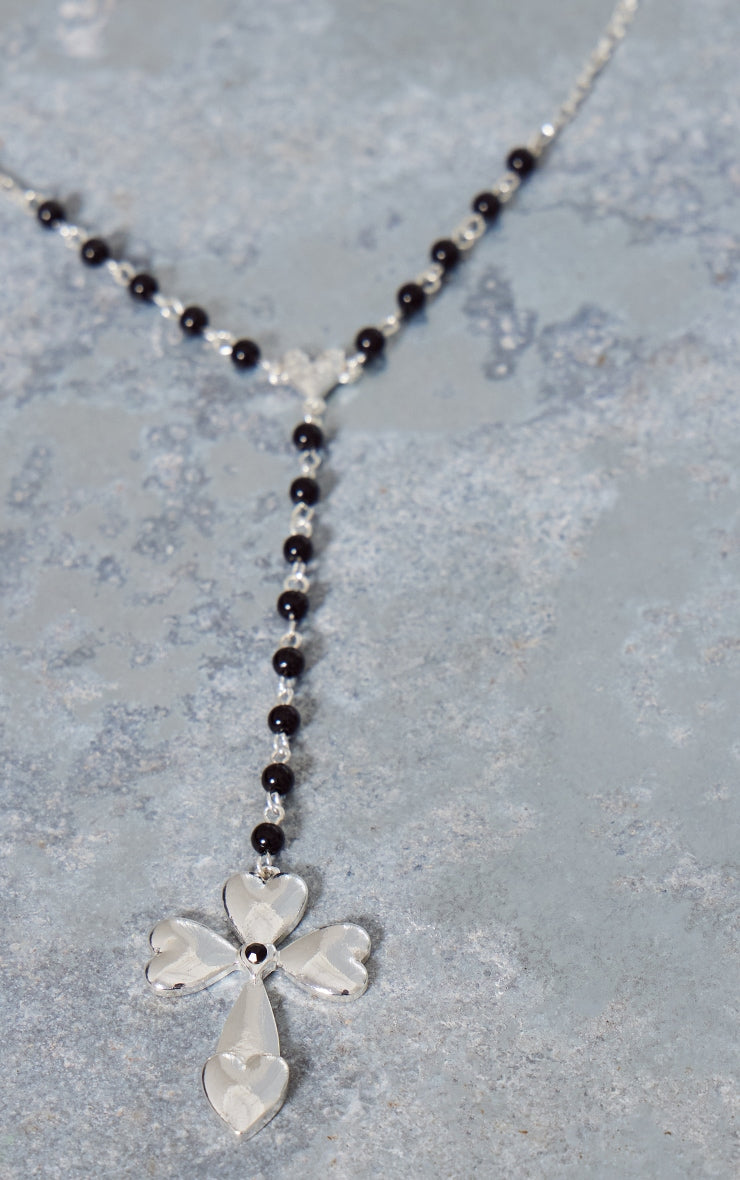 Silver Cross Black Bead Necklace