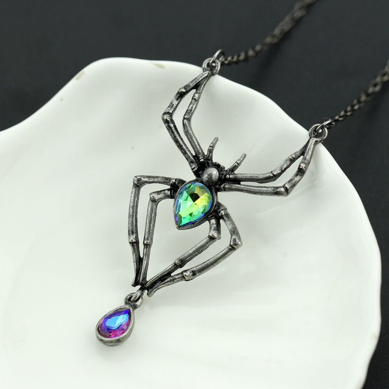 Vintage Spider Rhinestone Water Drop Pendant Necklace