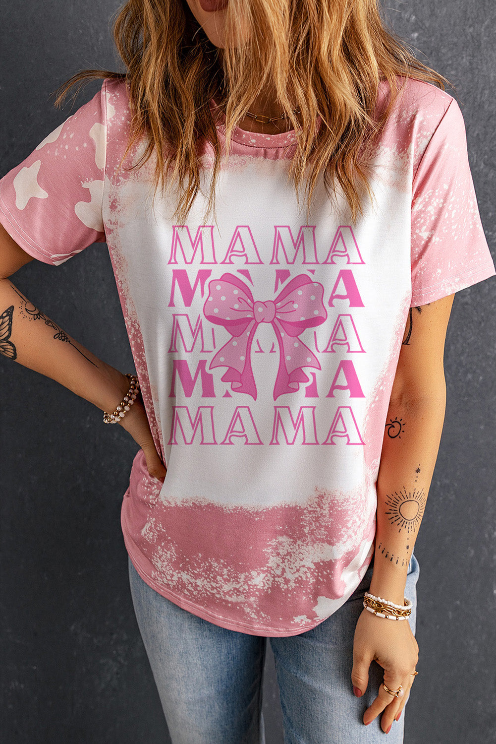 Pink MAMA Bowknot Graphic Bleached Tee