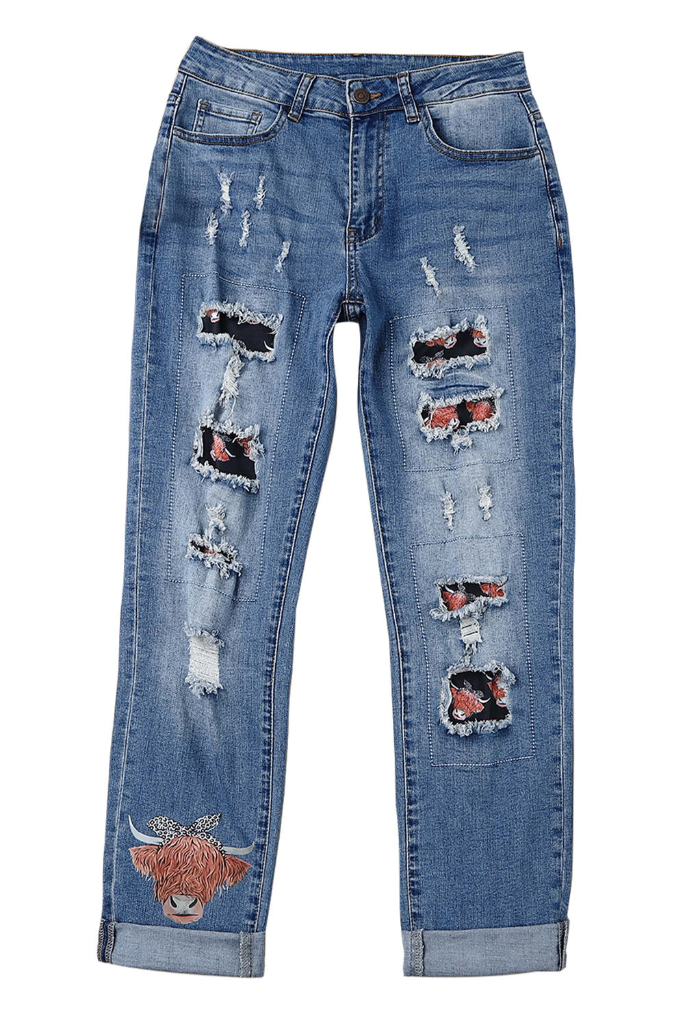 Wholesale Blue Animal Print Ripped Straight Leg Graphic Jeans