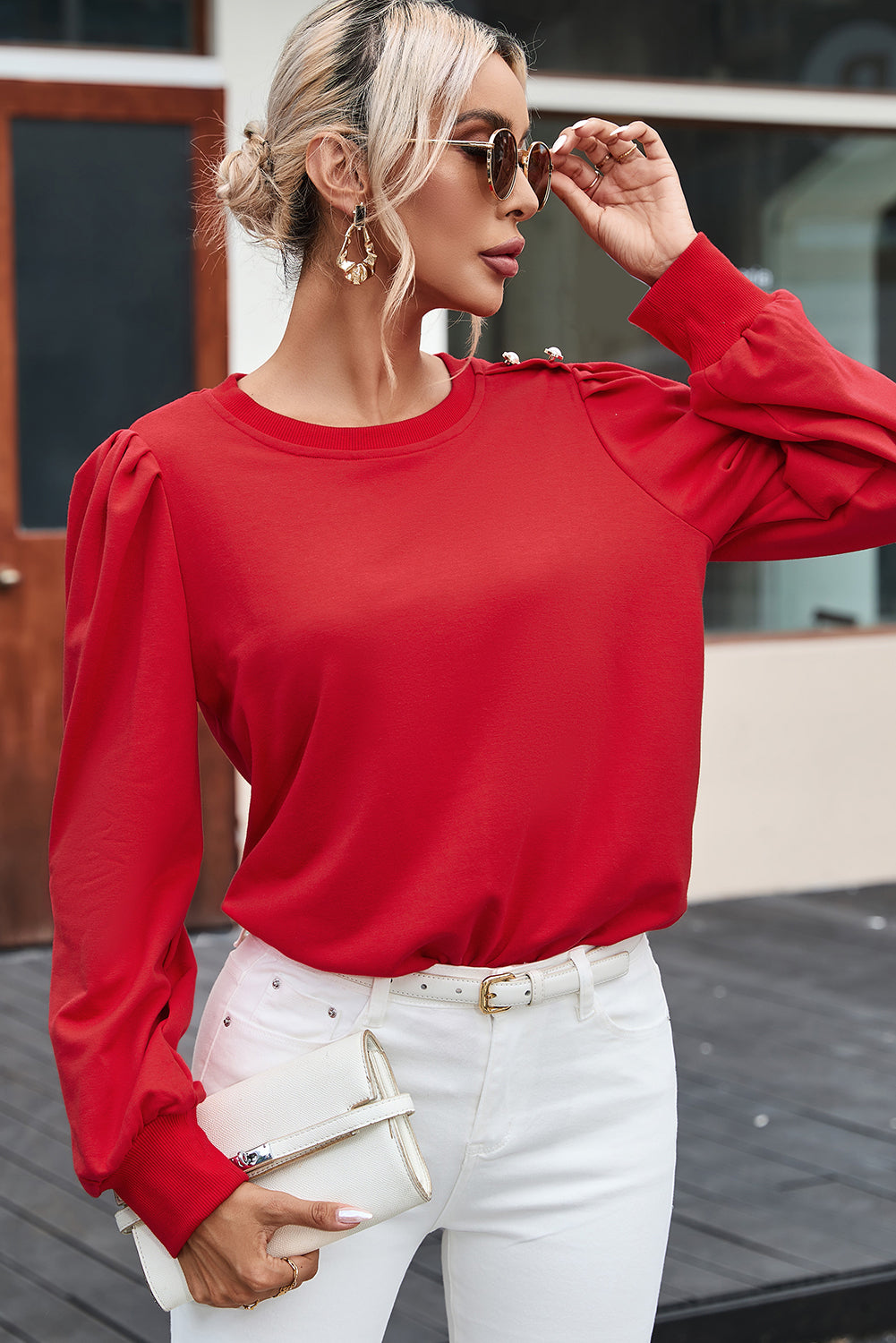 Red Button Tab Detail Round Neck Long Sleeve Top