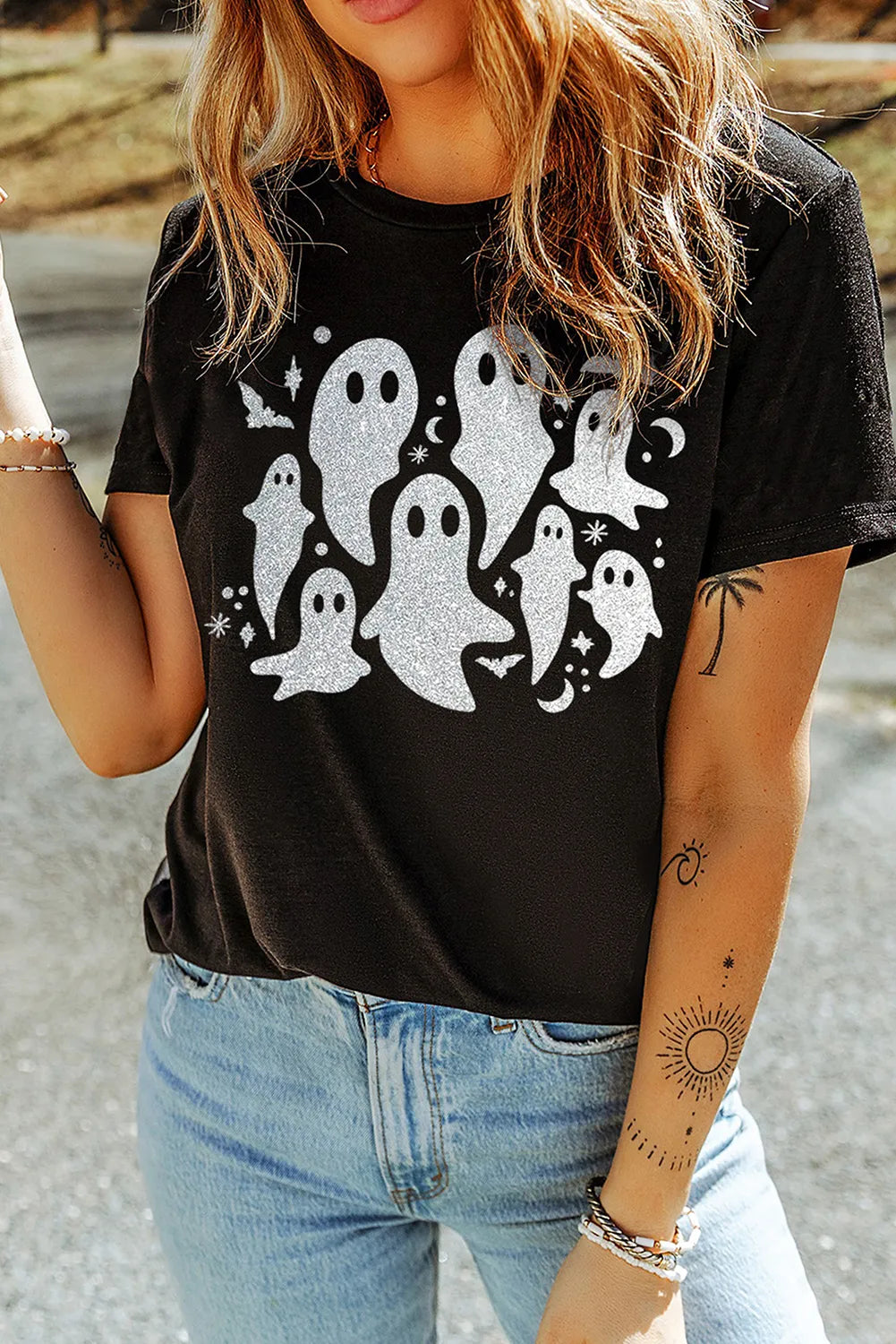 Full Size Glitter Ghost Round Neck Short Sleeve T-Shirt