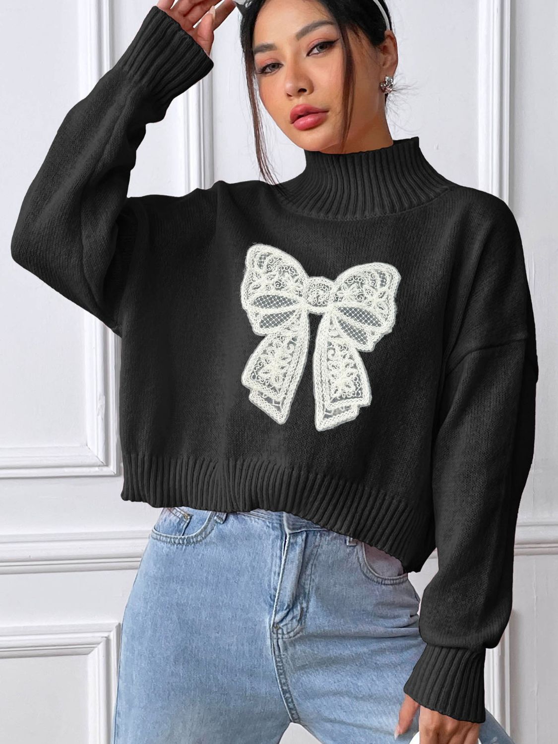 Lace Bow Turtleneck Long Sleeve Sweater