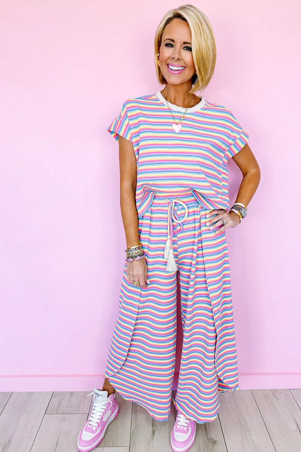 Black Stripe Rainbow Tee and Tassel Drawstring Wide Leg Pants Set