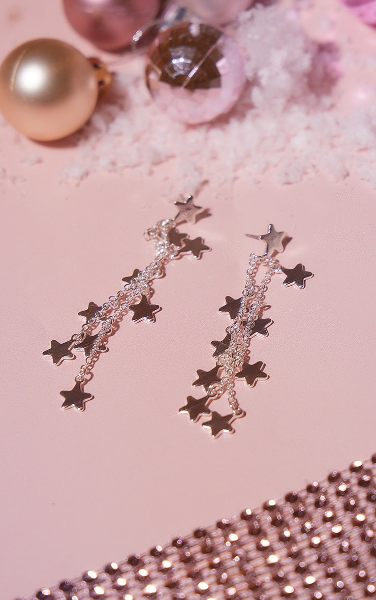 Silver Star Dangly Statement Earrings