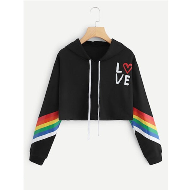 Rainbow Striped Love Pullover Cropped Graphic Print Sweatshirt