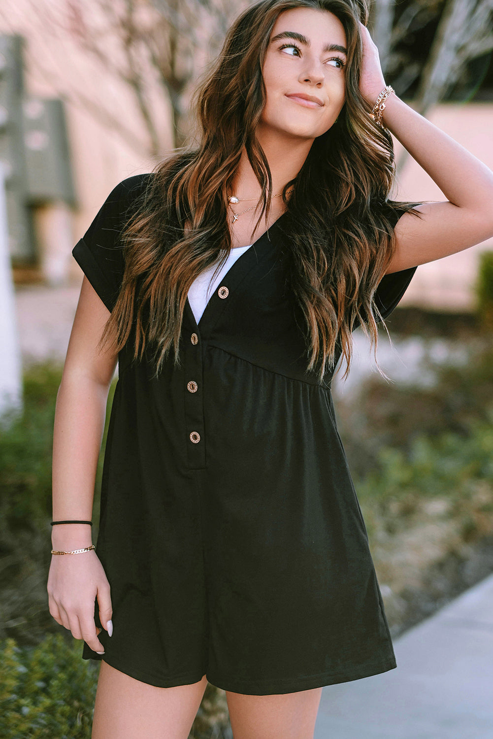 Black V Neck Buttons Loose Cuffed Short Sleeve Romper