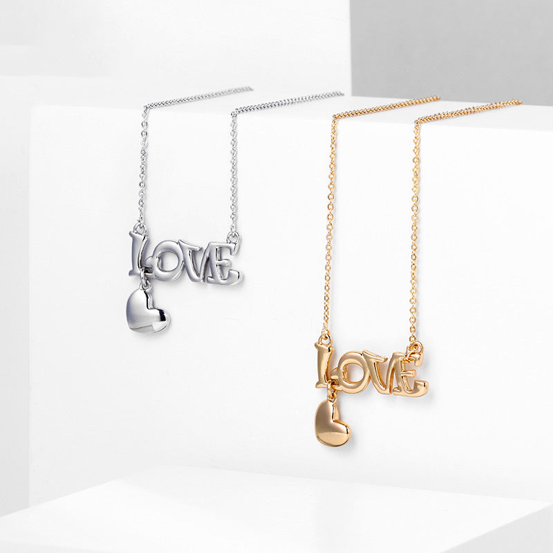 Love Drop Bar Necklace With Dangling Heart