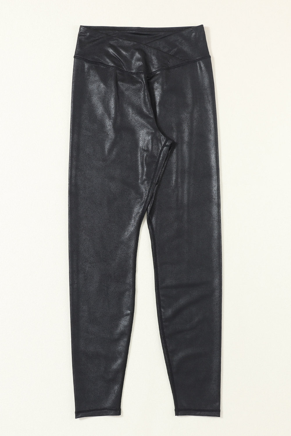 Navy Blue Crossed Dip Waist Sleek Leather Shiny Wet Look Leggings