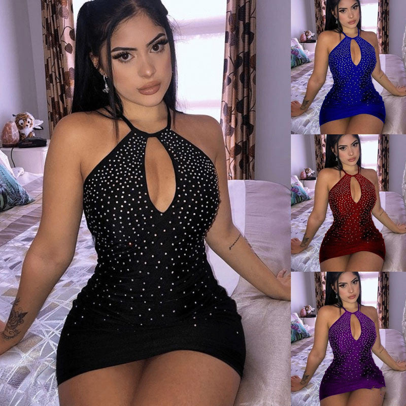 Slim-fitting Sexy Rhinestone Halter Neck Keyhole Backless Sexy Mini Dress