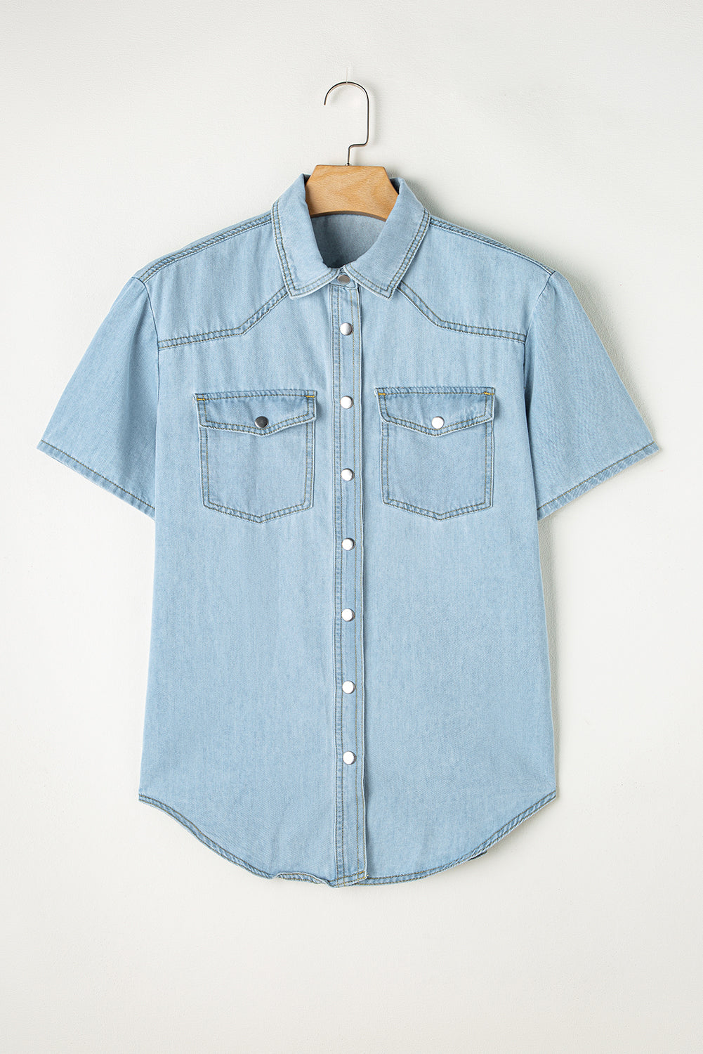 Mist Blue Vintage Light Wash Flap Pockets Rounded Hem Shirt