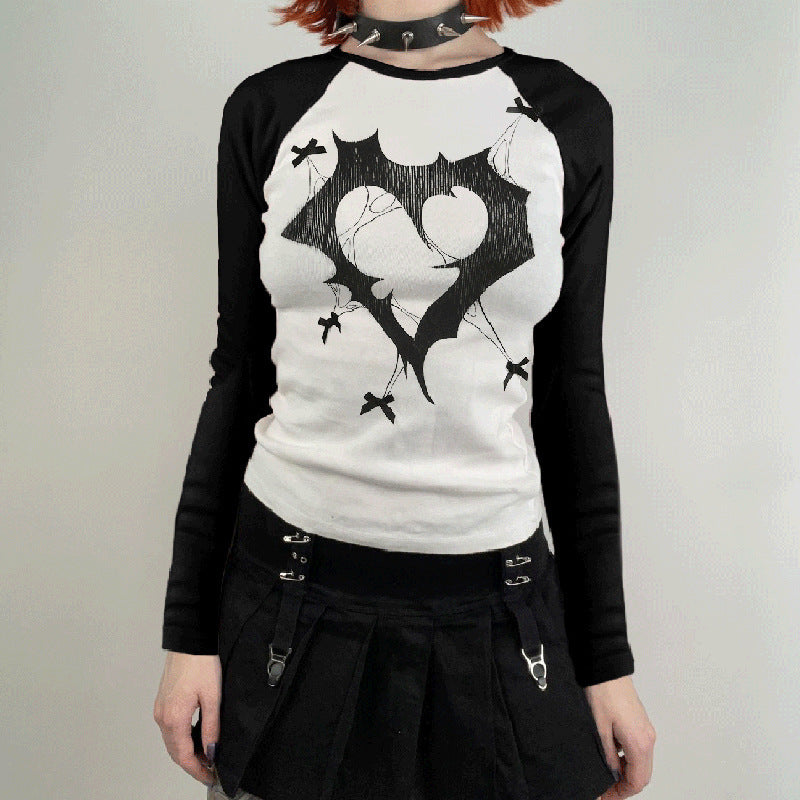 Punk Rock Ragland Baseball Shirt Style Jagged Heart Graphic Print Long Sleeve Tee Shirt