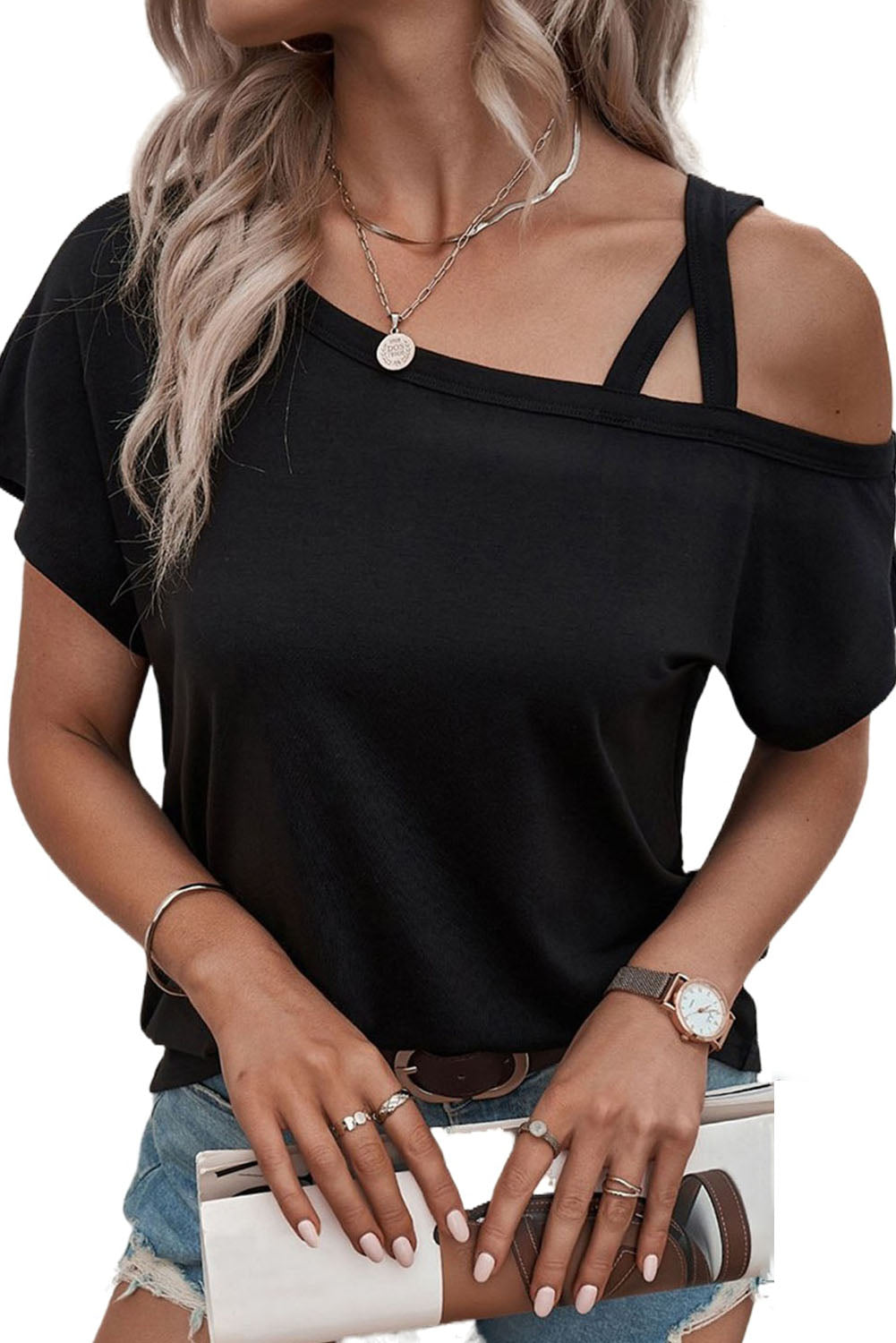 Rose Asymmetric Criss Cross Cold Shoulder T Shirt