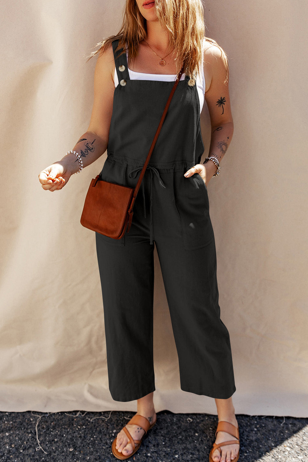 Black Drawstring Buttoned Straps Cropped Overalls - Stylish and Comfortable Women's Jumpsuit