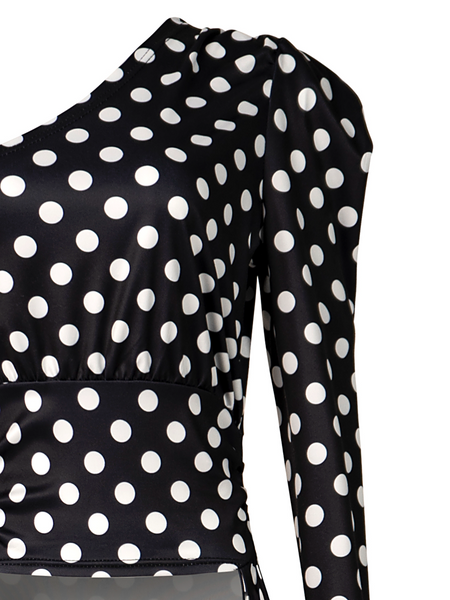 Slant-Shoulders Polka-Dot Long Top H9ZVV56MFK