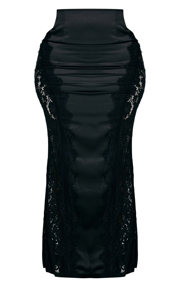 Plus Black Satin Lace Detail Midi Skirt