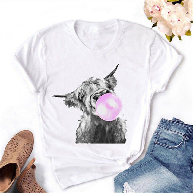 Barn Animals Blowing Bubble Gum Cute Graphic Print Short Sleeve Tee Shirts