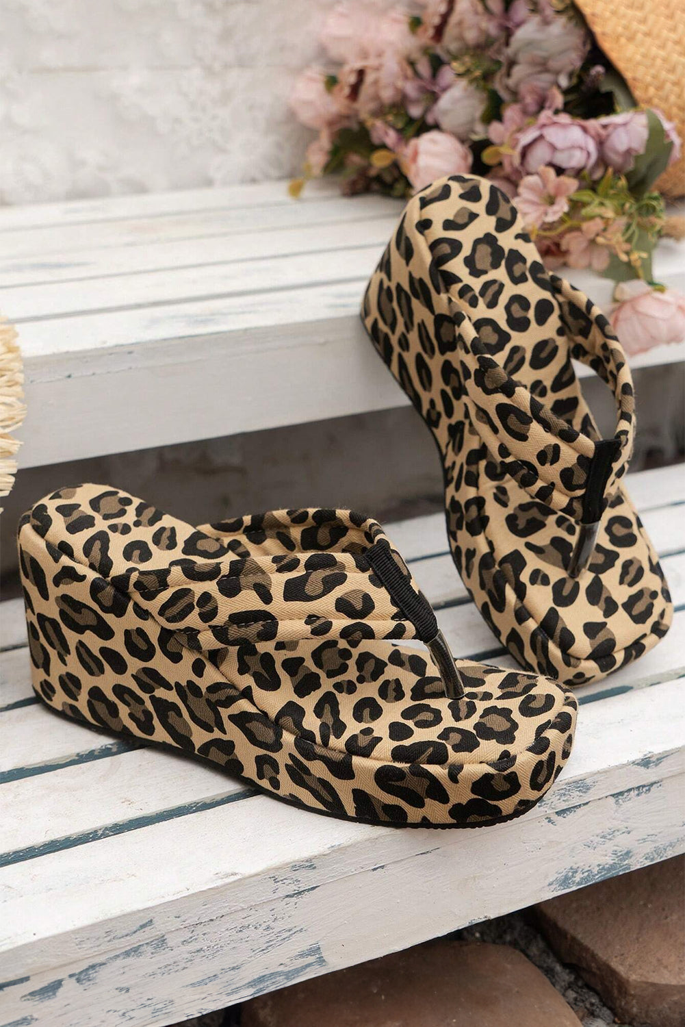 Light French Beige Leopard Platform Wedge Slip On Sandals