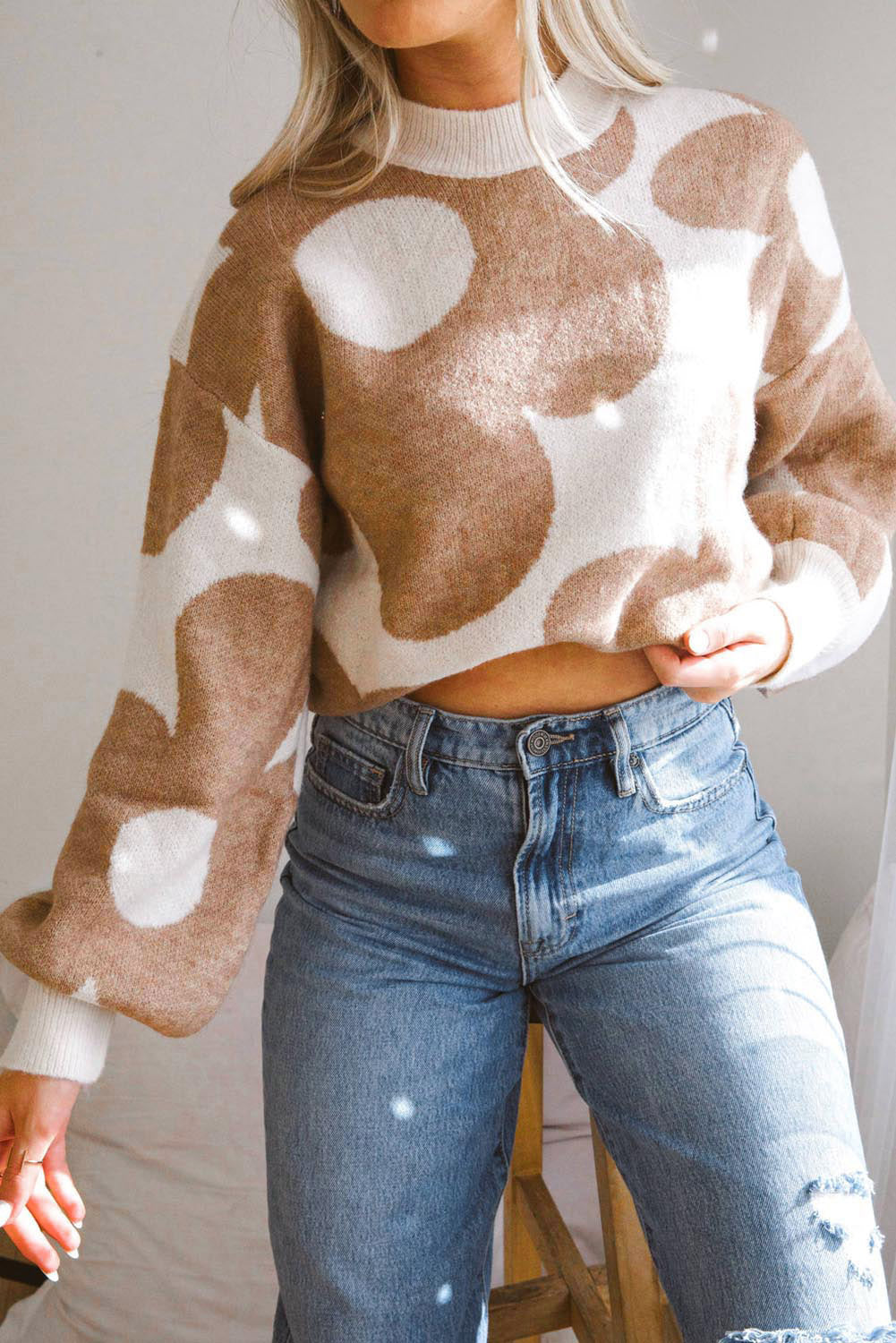 Camel Flower Pattern Slouchy Sweater