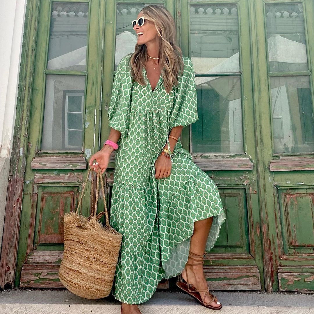 Summer Women's Vintage Printed Elegant Bohemian Casual Loose V-Neck Short Sleeve Long Maxi Dress