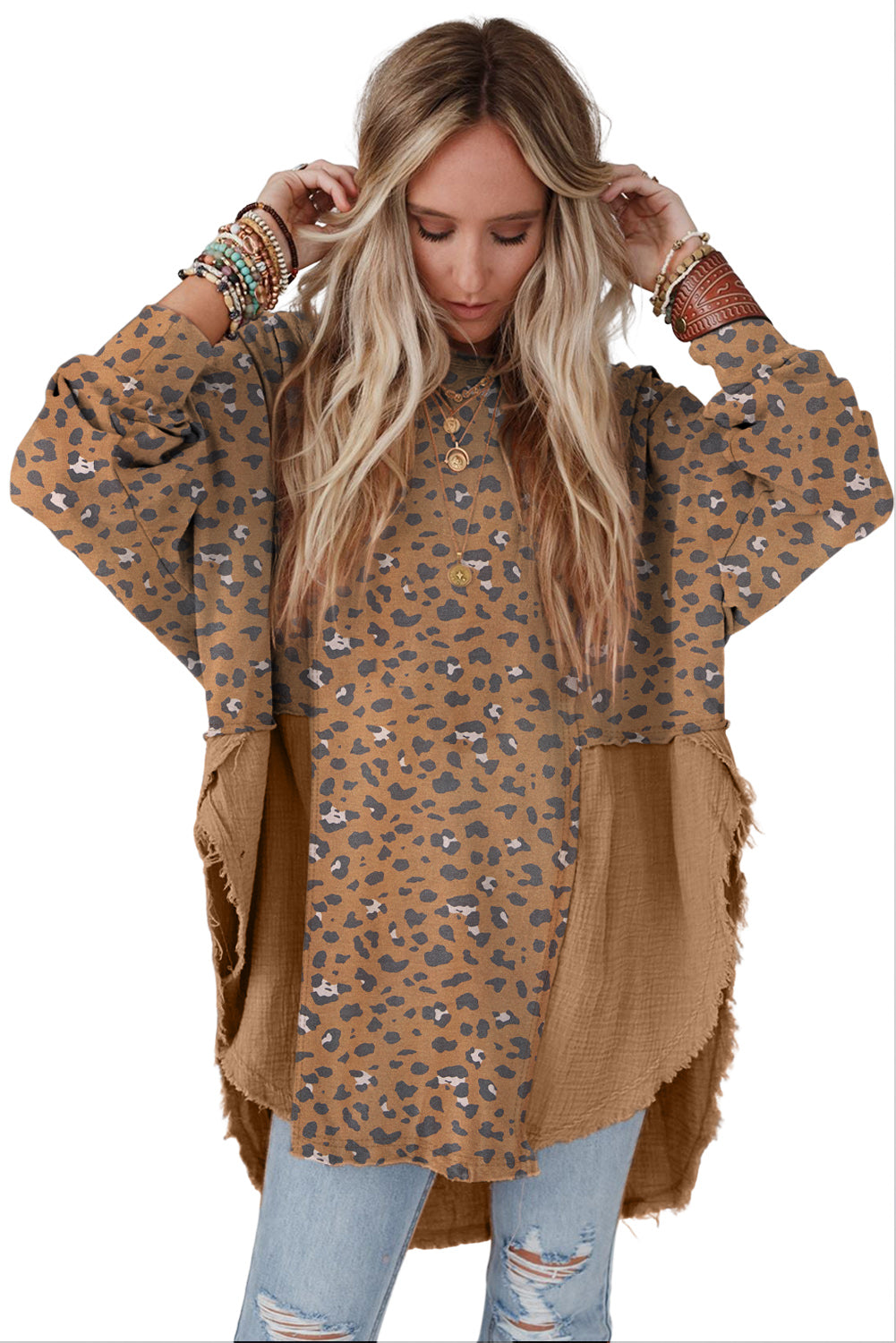 Gray Raw Edge Leopard Patchwork Oversized Blouse