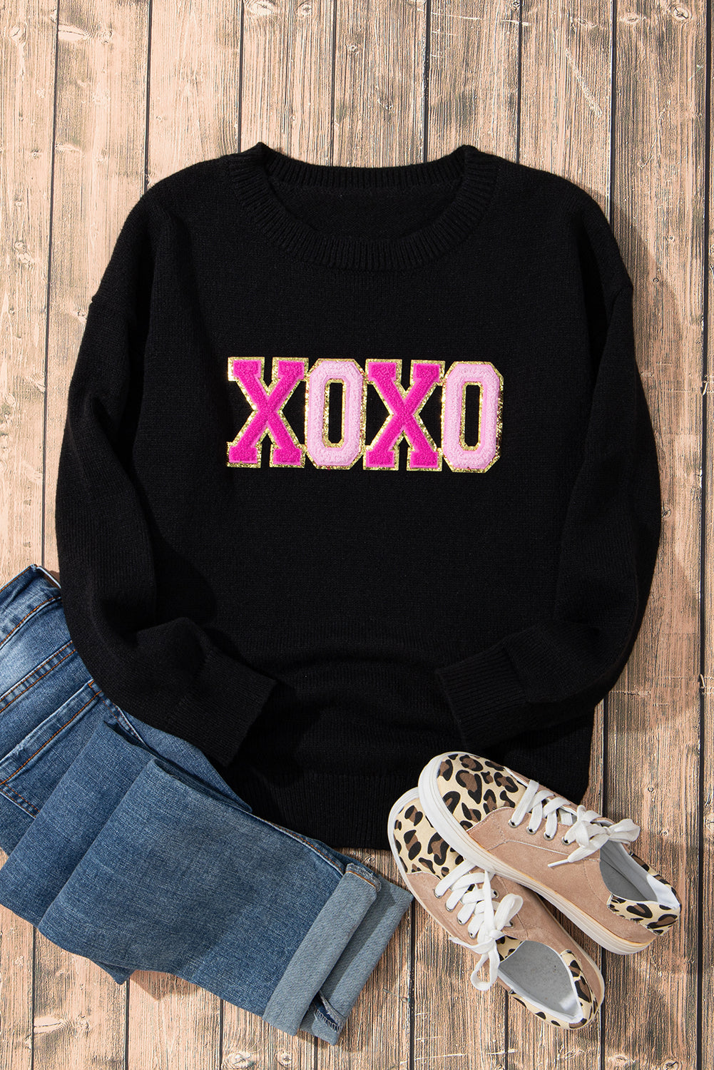 Black Howdy Heart Graphic Round Neck Casual Sweater