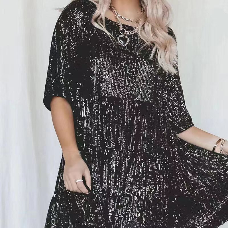 Fashionable Sequins Round Neck Loose Waist Short Sleeves And Skirt Dress