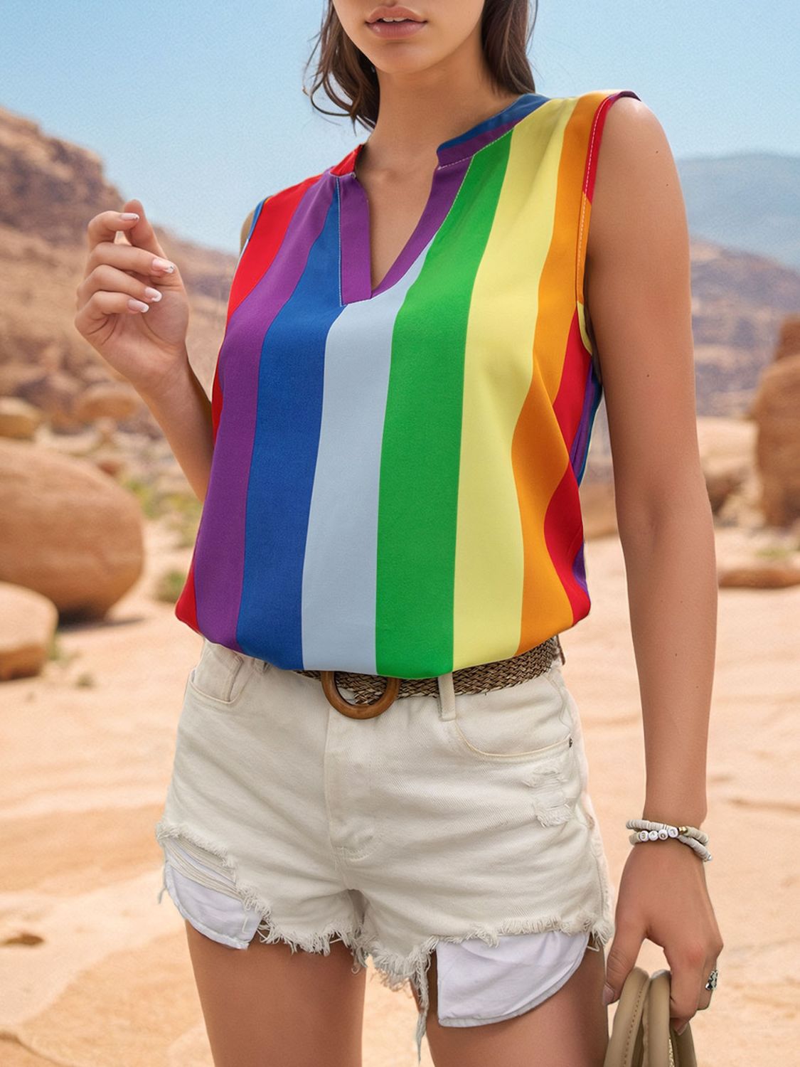 Color Block Notched Sleeveless Rainbow Top