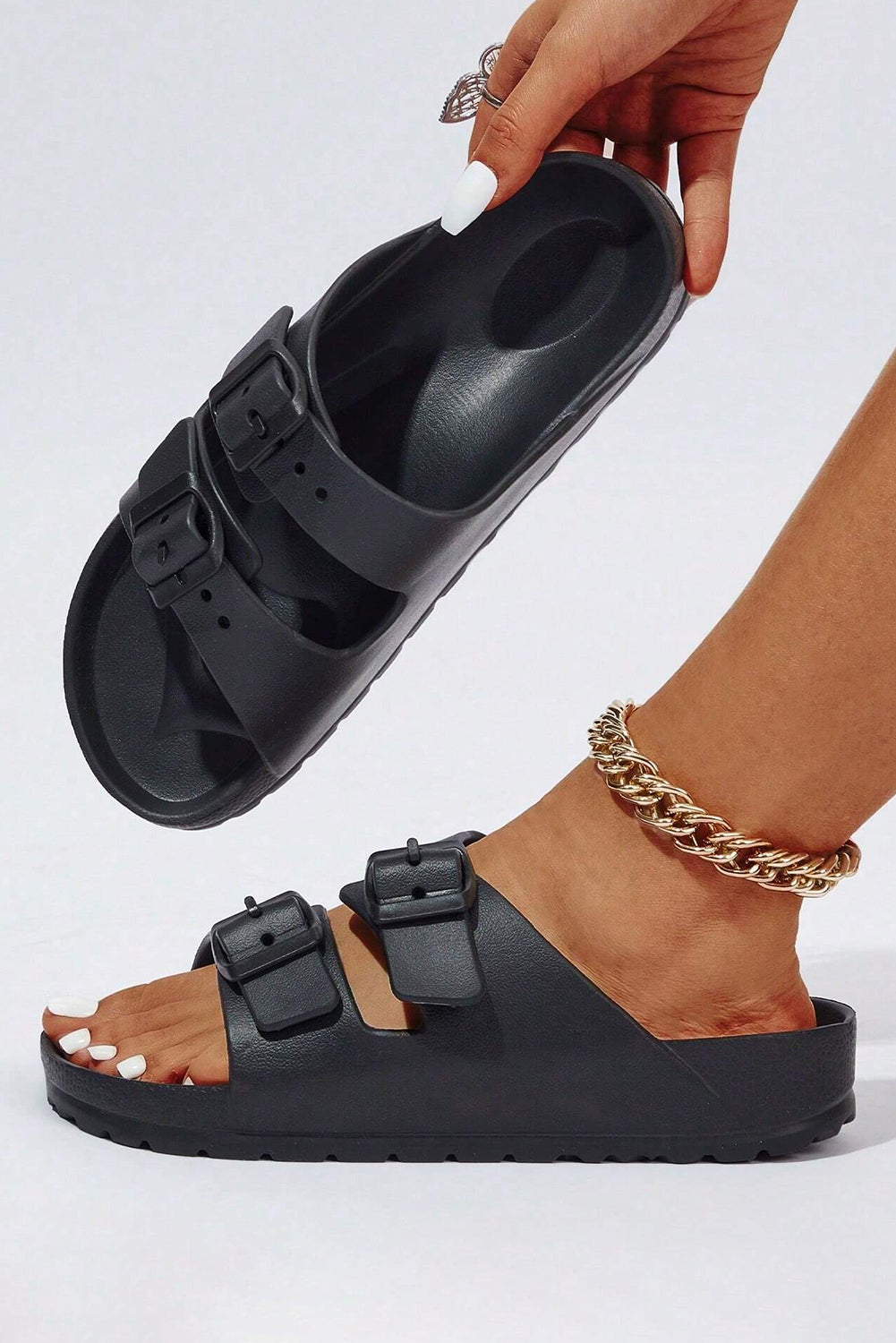 Black Solid Color Buckle Straps Beach Slippers