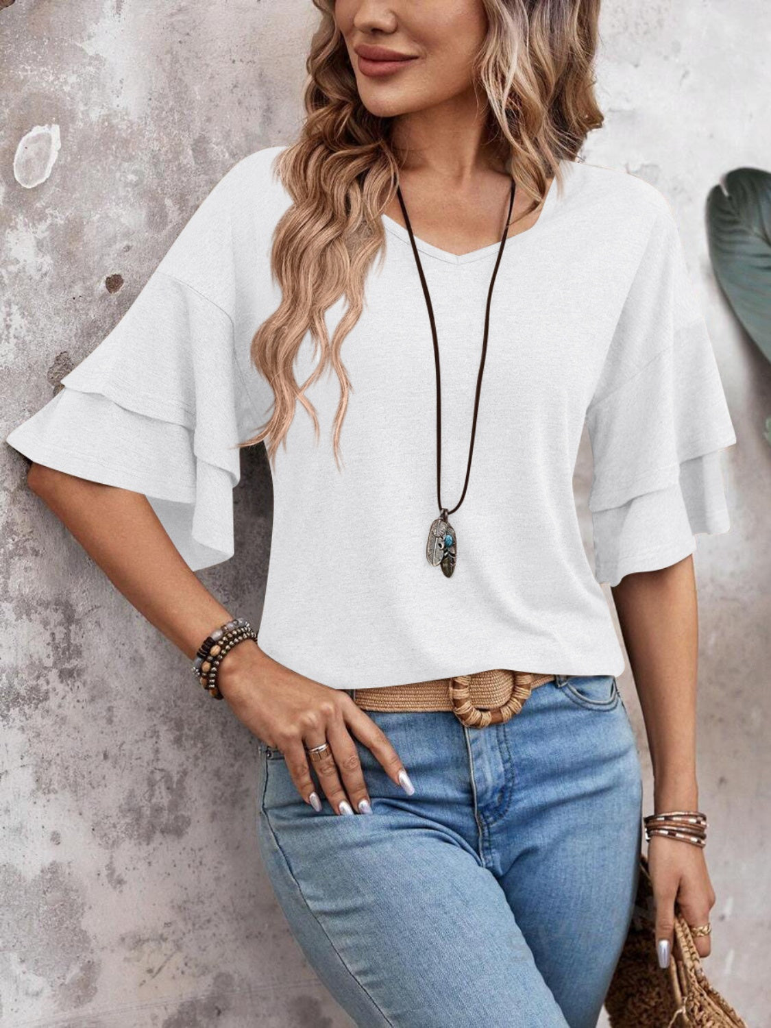 V-Neck Half Sleeve Ruffle Blouse